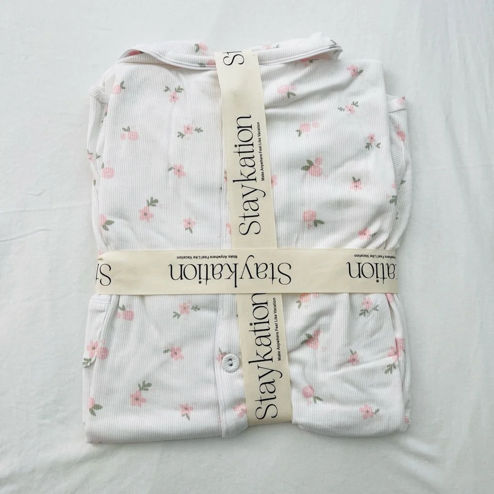NWT StayKation Bamboo Ribbed PJ Floral Sleepshirt / Lounge Dress Size XS - Picture 5 of 7
